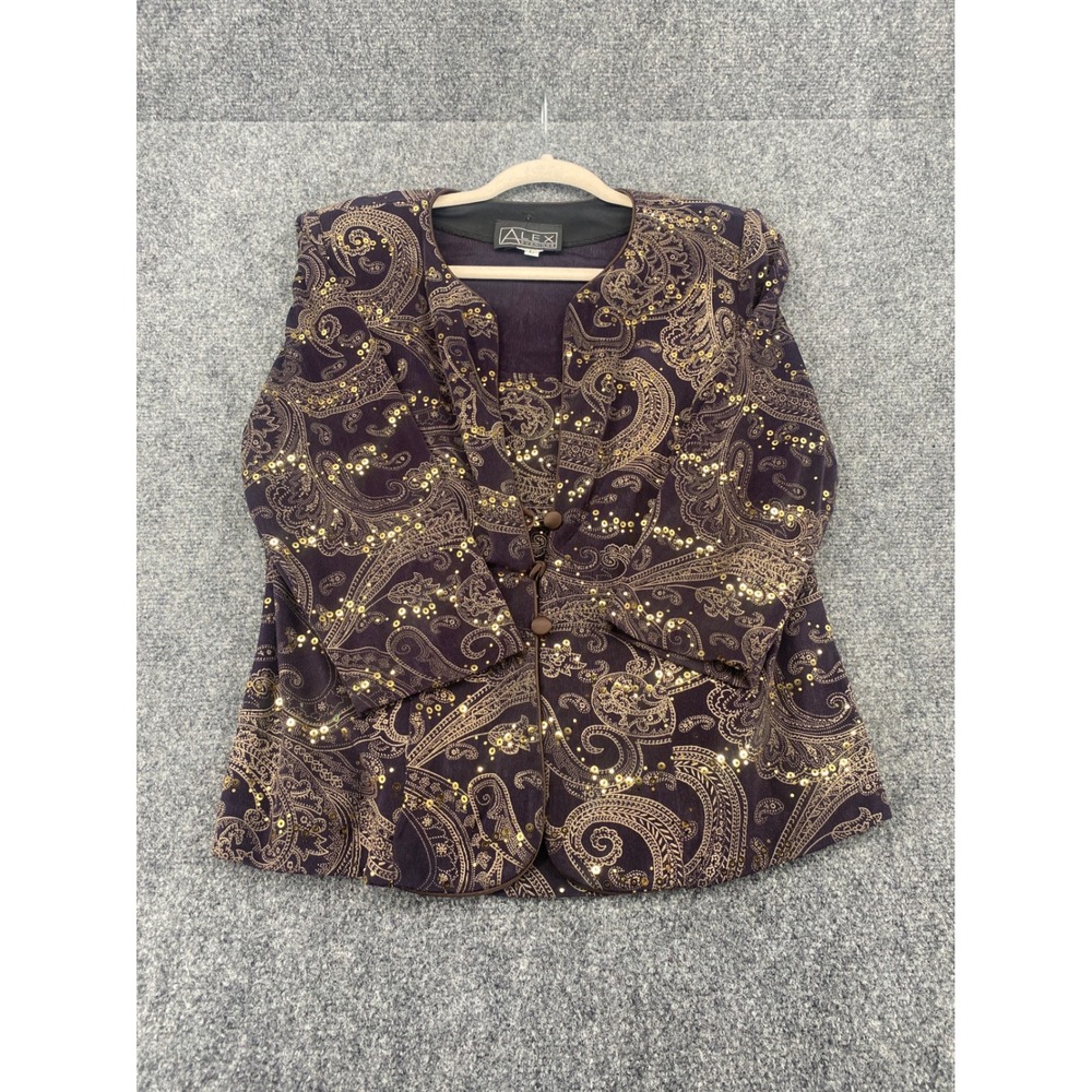 Alex Evenings Paisley Sequin Jacket Tank Set Womens L Purple Gold Formal Wedding